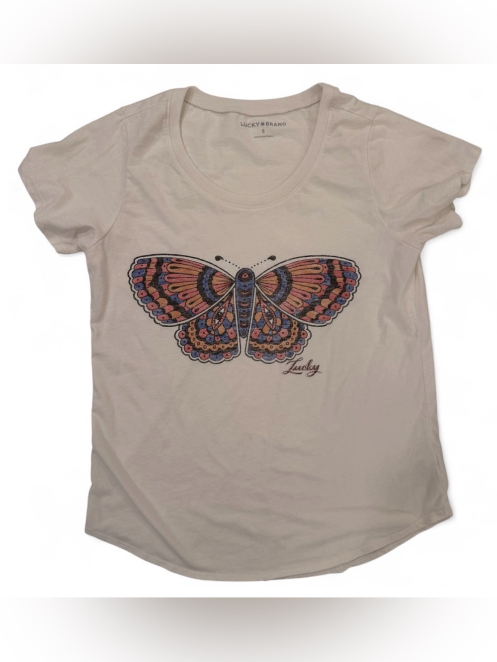 Lucky Brand Butterfly Graphic Tee Ivory Multicolor Size Small